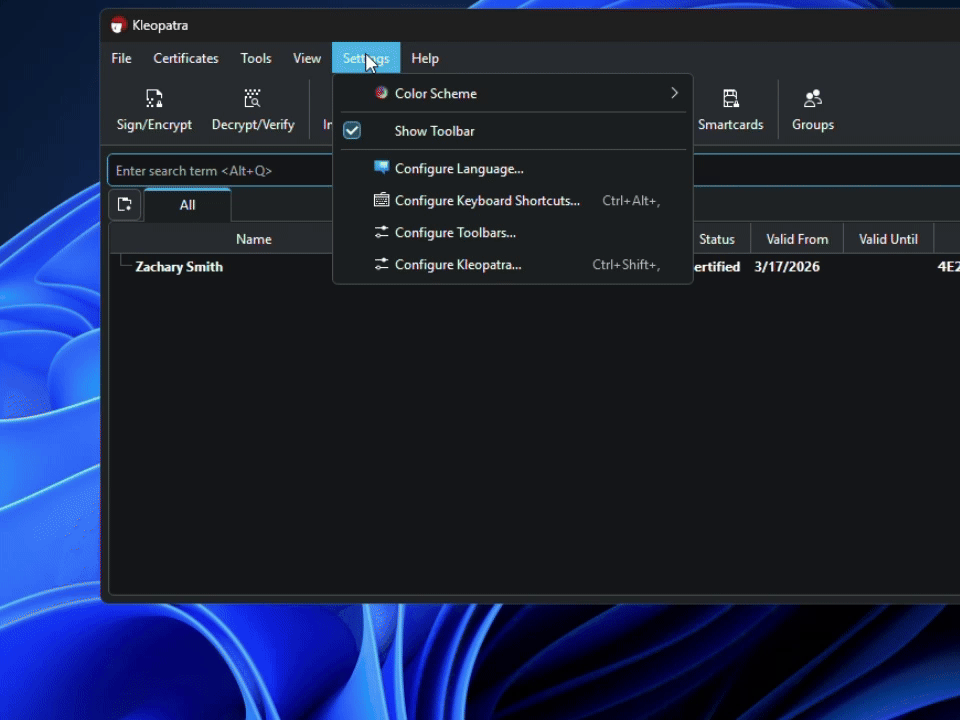 Go to Settings, then Configure Kleopatra, then paste the keyserver into Directory Services